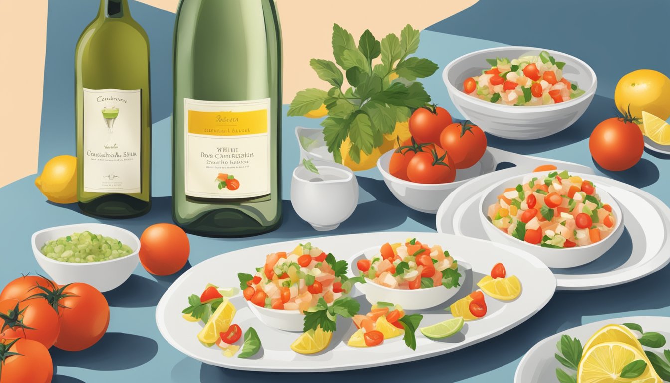 A bottle of white wine next to a bowl of citrusy ceviche and a plate of tomato bruschetta