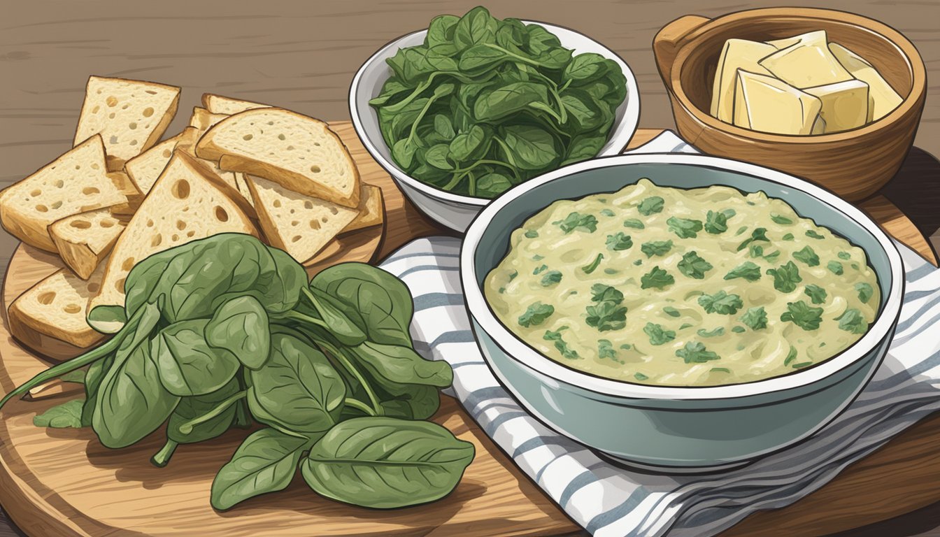 A glass of white wine next to a bowl of spinach and artichoke dip on a wooden serving board