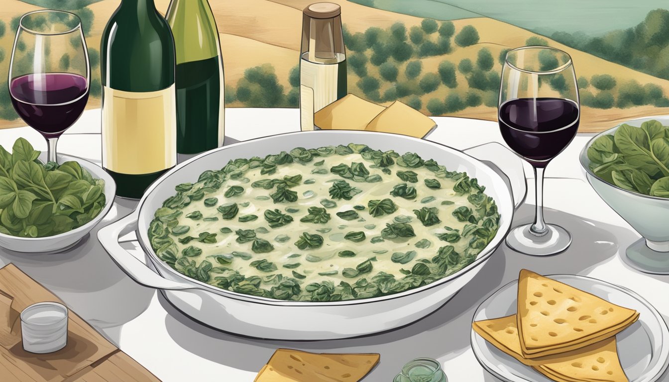 A table set with a bowl of creamy spinach and artichoke dip, surrounded by a variety of wine bottles and glasses