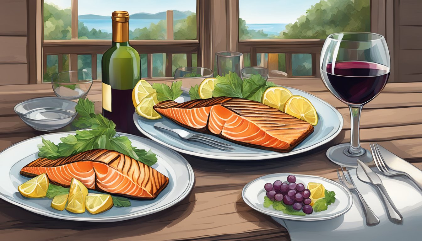 A table set with grilled salmon and unique wine bottles