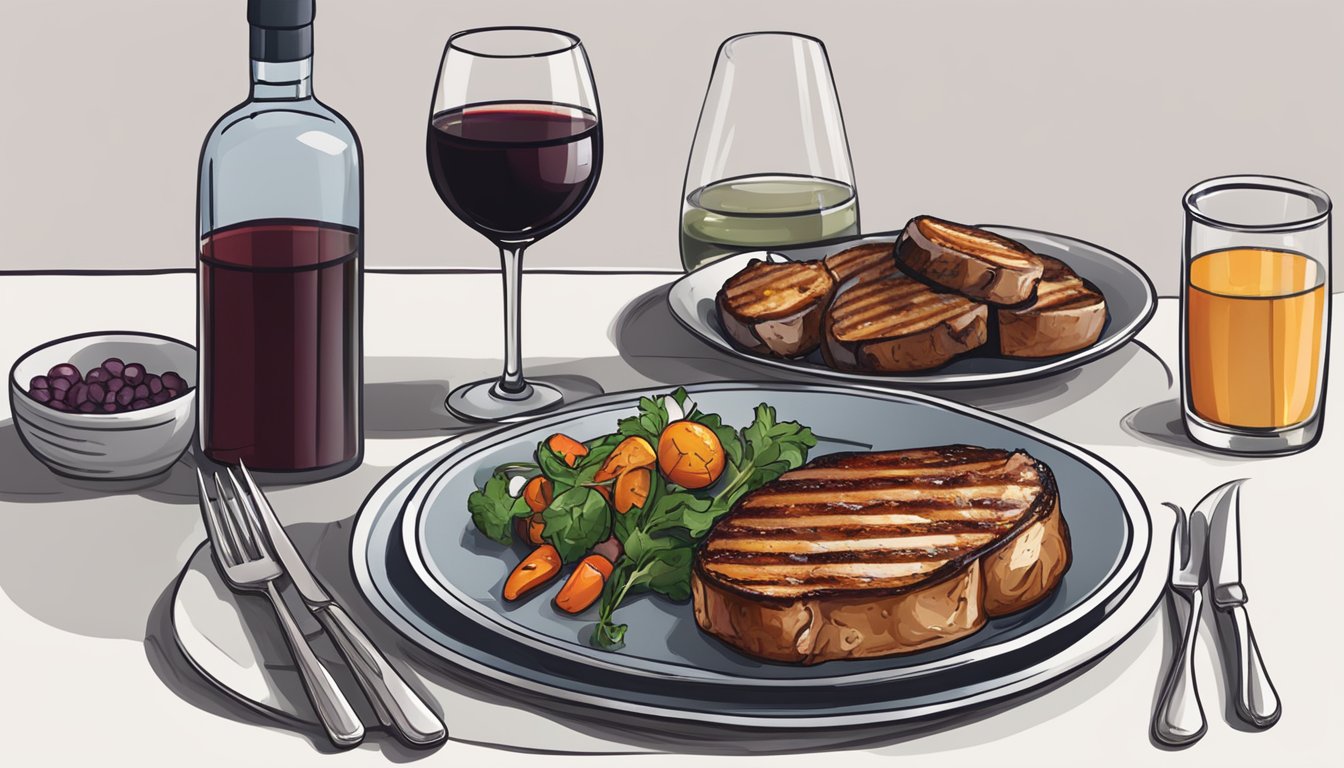 A plate of grilled pork chops with a side of roasted vegetables, accompanied by a glass of red wine