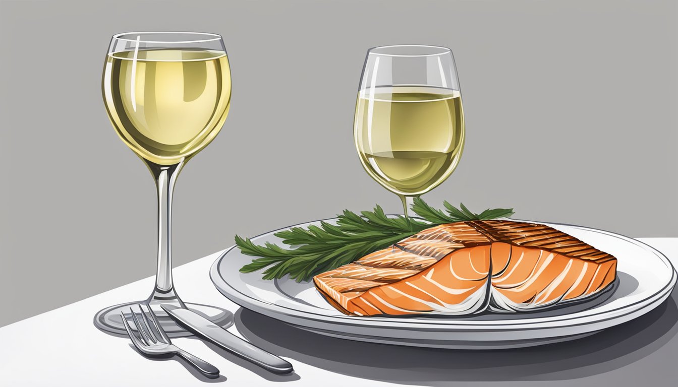 A glass of white wine next to a perfectly grilled salmon on a plate