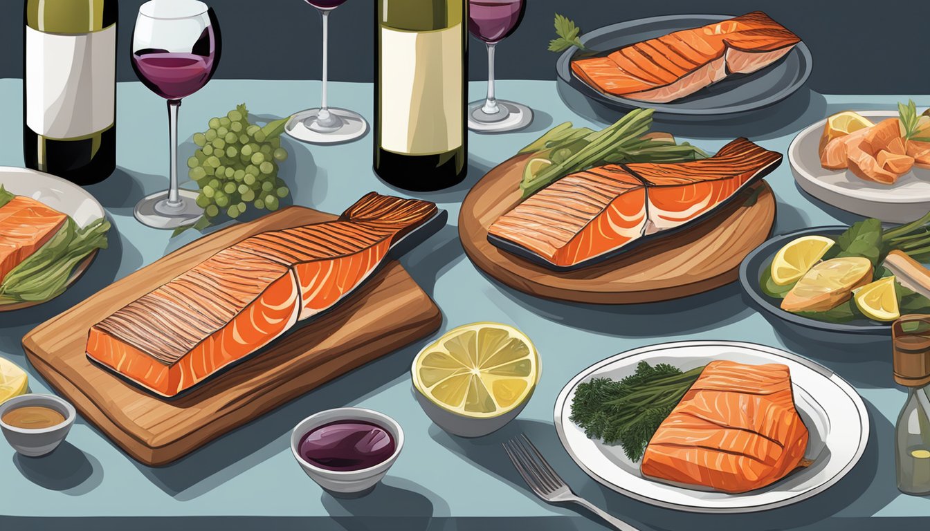 A table set with a grilled salmon fillet, accompanied by a variety of regional wine bottles, each with a distinct label and color