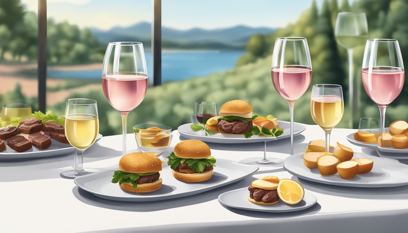 A table set with beef sliders and glasses of white and rosé wine