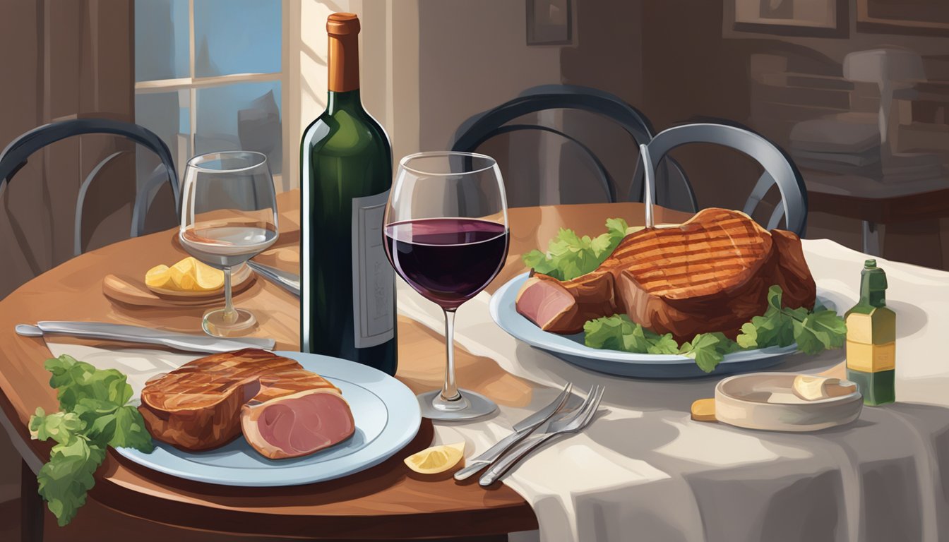 A table set with pork chops, a bottle of red wine, and a glass