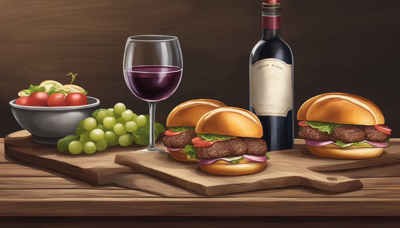 Aged wine bottle next to juicy beef sliders on a rustic wooden table