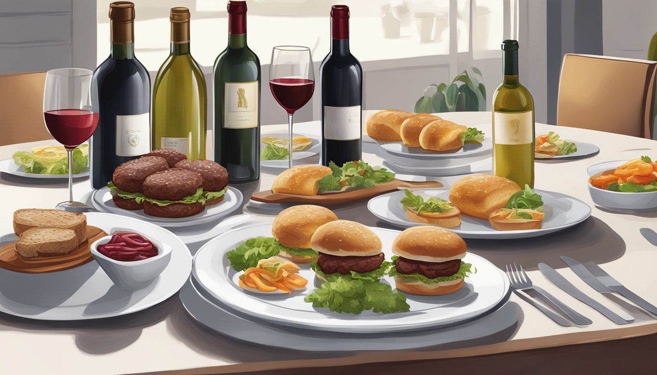 A table set with beef sliders and a selection of wine bottles