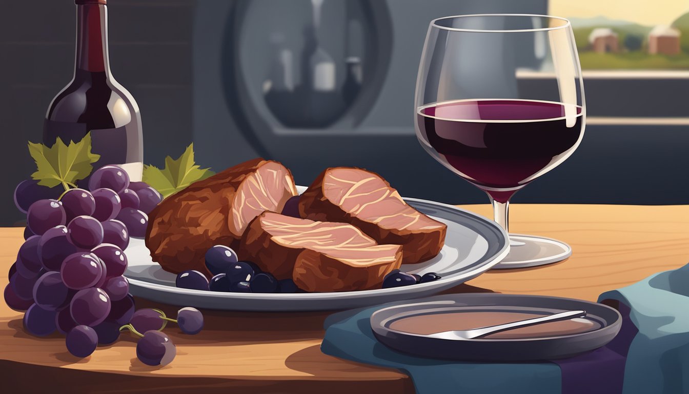 A glass of red wine next to a plate of pork chops, with a small oak barrel and a cluster of tannin-rich grapes in the background