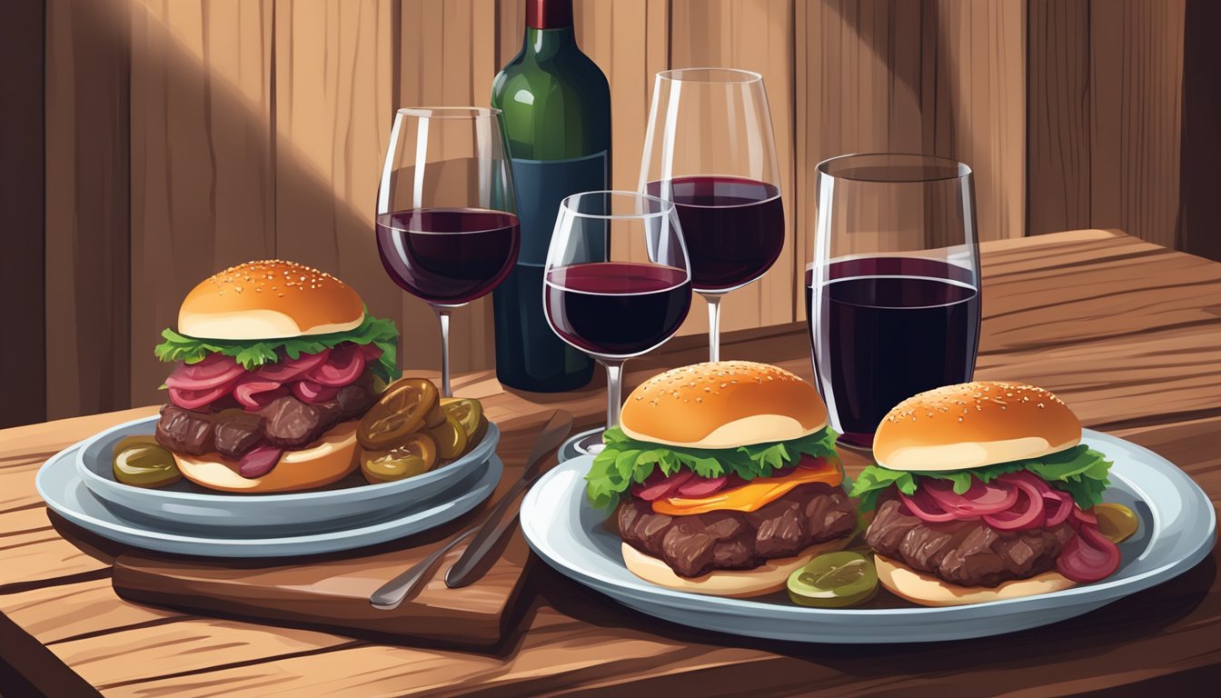 A rustic wooden table set with a platter of juicy beef sliders alongside glasses of rich red wine