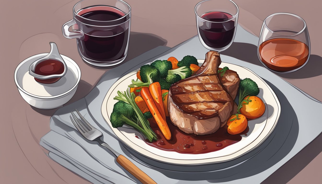 A juicy pork chop on a plate with a side of roasted vegetables and a small bowl of red wine sauce