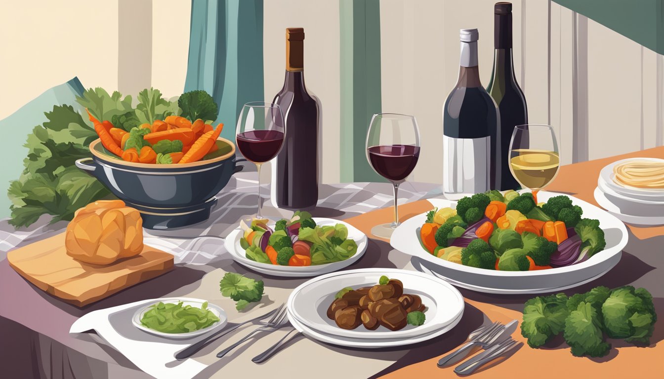 A table set with a colorful array of braised vegetables alongside a bottle of red wine and a wine glass