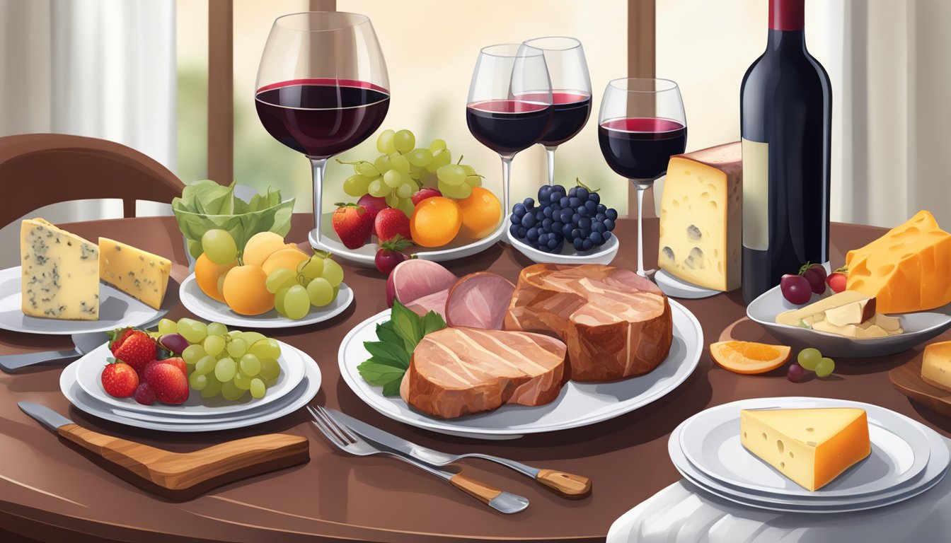 A table set with a plate of juicy pork chops, a glass of red wine, and a selection of regional cheeses and fruits