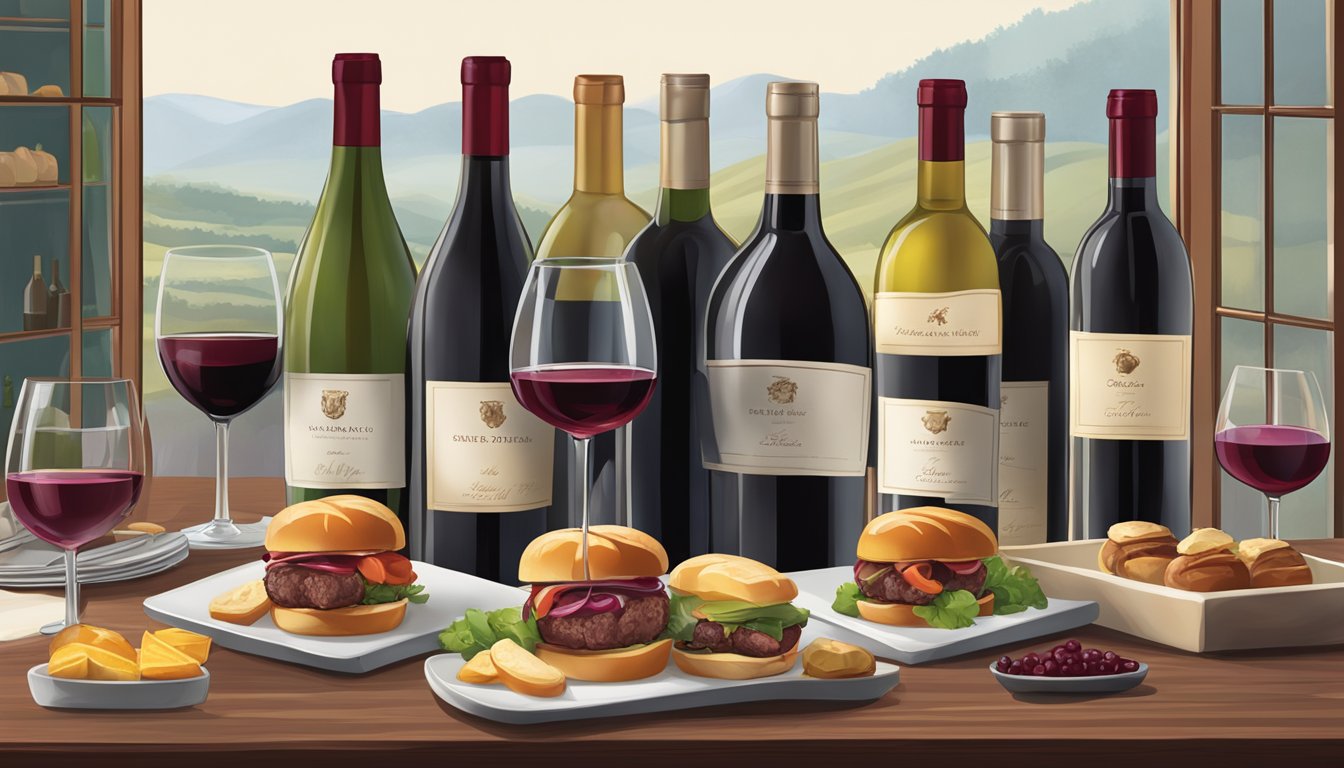 A table set with beef sliders, a bottle of red wine, and a variety of wine glasses showcasing different wine flavor profiles and characteristics