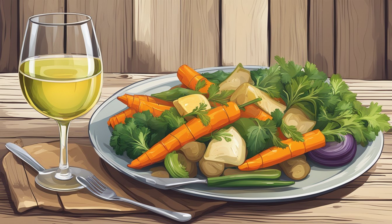 A glass of white wine next to a plate of colorful braised vegetables on a rustic wooden table