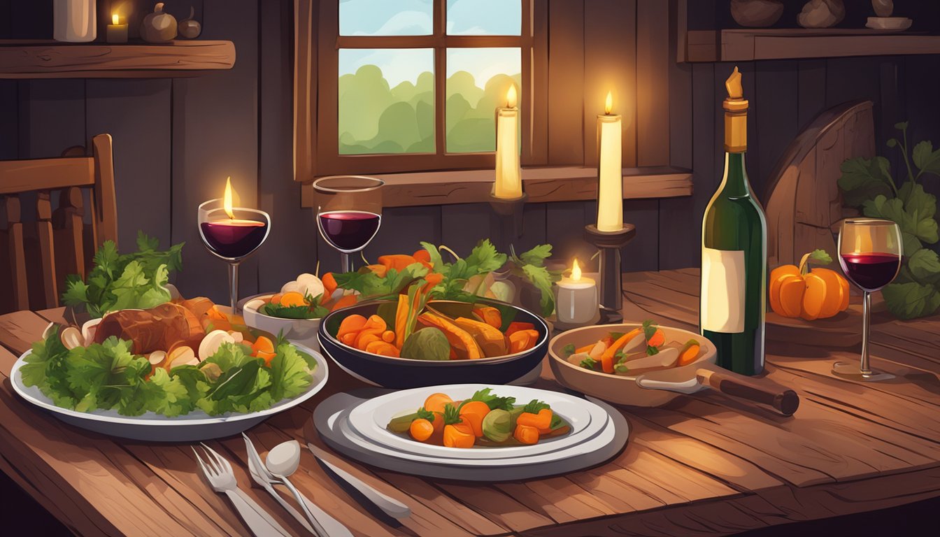 A rustic wooden table set with a variety of braised vegetables and a bottle of red wine, surrounded by cozy candlelight