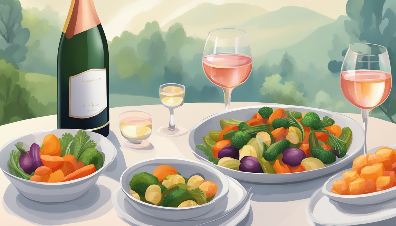 A table set with a colorful array of braised vegetables, alongside a bottle of rosé and sparkling wine