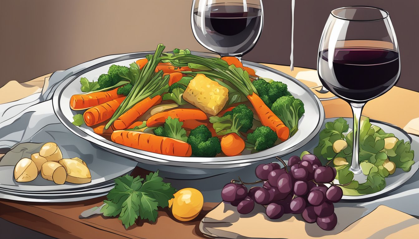 A table set with a colorful array of braised vegetables alongside a bottle of red wine and a pair of wine glasses