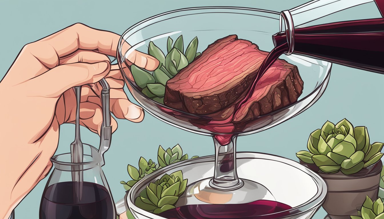 A succulent beef brisket with a rich red wine being poured into a glass beside it