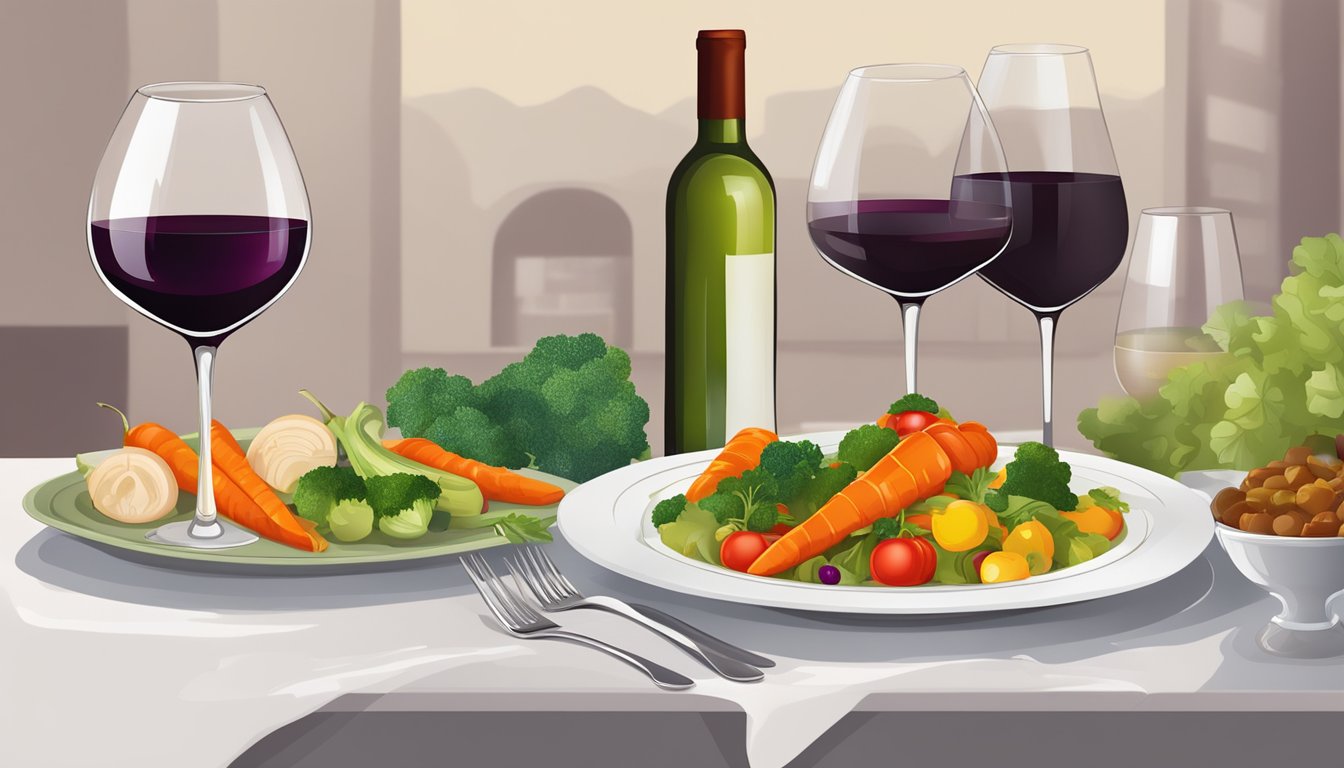 A table set with a colorful array of braised vegetables, accompanied by a bottle of red wine and elegant wine glasses