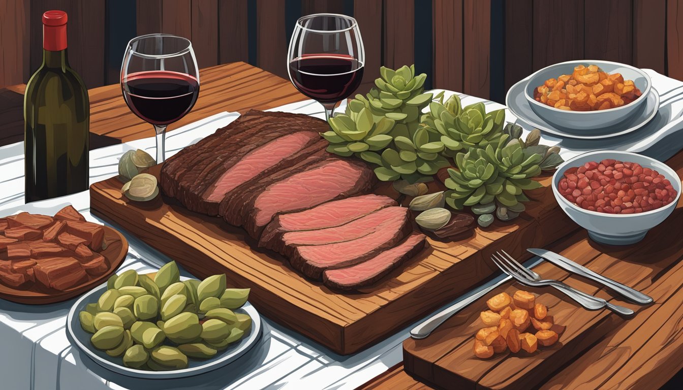 A rustic wooden table set with a platter of succulent beef brisket and an array of wine bottles, including a bold red and a rich, full-bodied white