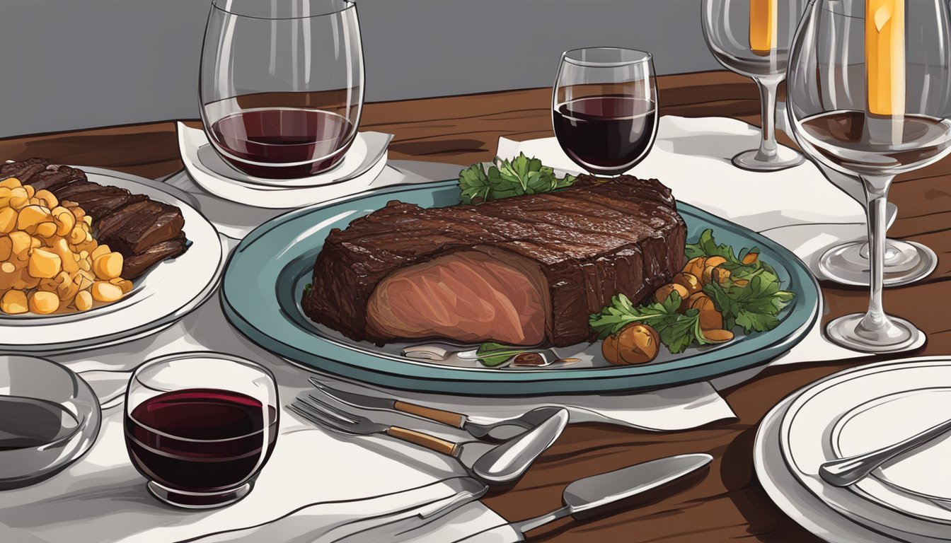 A table set with a hearty beef brisket meal, accompanied by a bottle of red wine and appropriate glassware