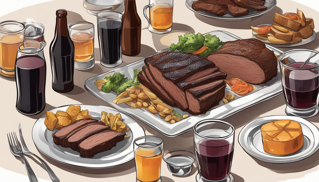 A table set with a platter of brisket, surrounded by various beverage options such as red wine, craft beer, and iced tea