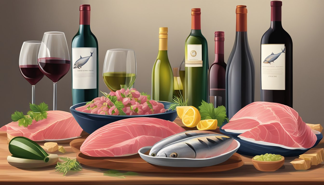 A table set with various types of tuna and a selection of wine bottles