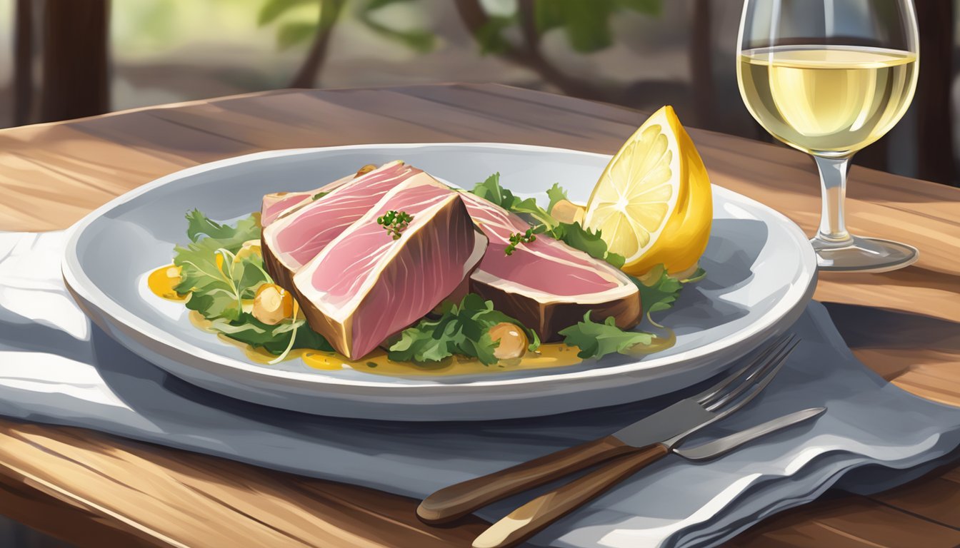 A plate of seared tuna with a glass of white wine on a wooden table