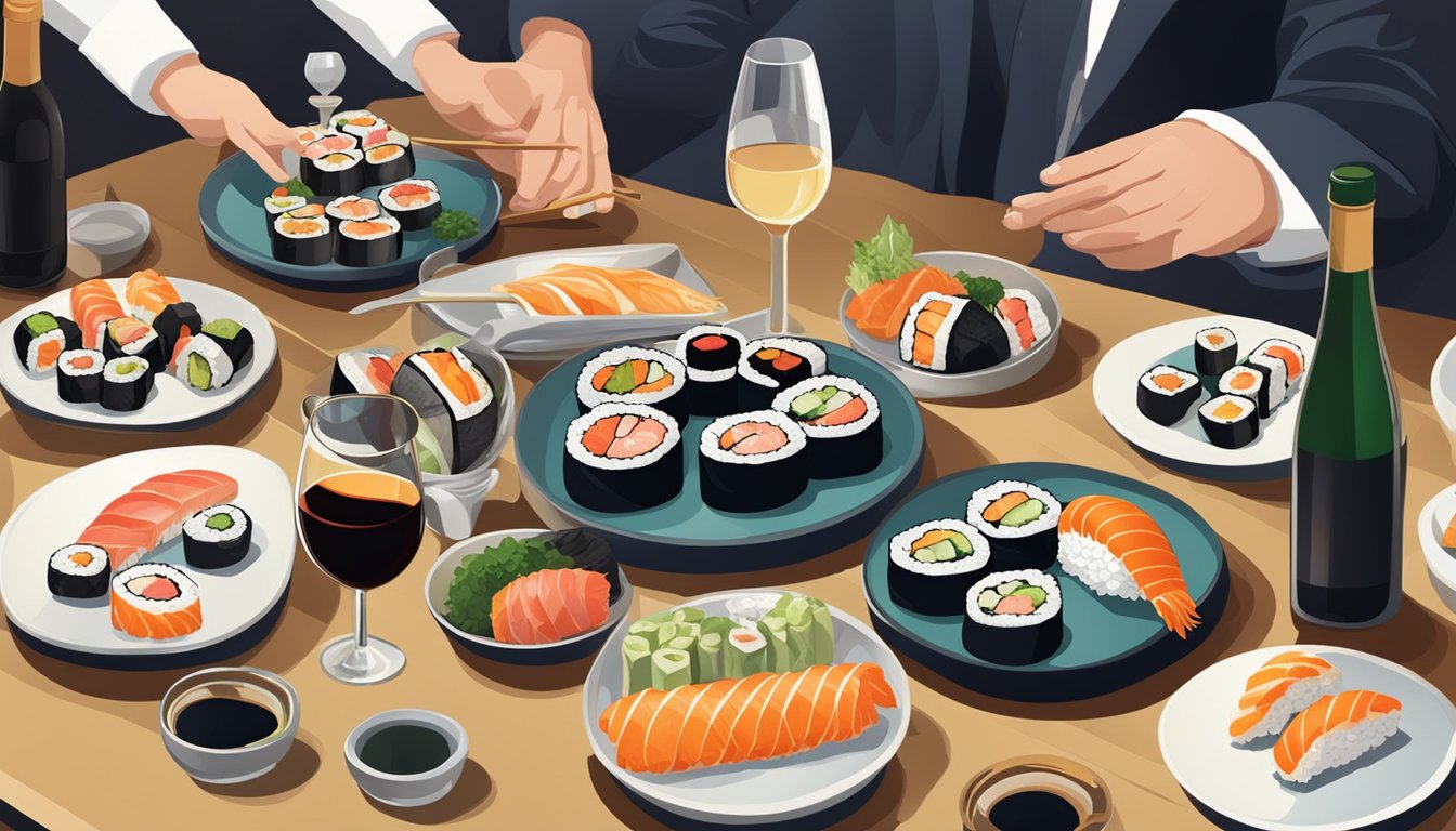 A table set with a variety of sushi rolls and a selection of wine bottles, with a sommelier offering recommendations