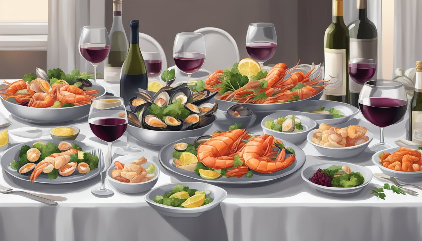 A table set with a variety of seafood dishes and different bottles of red wine