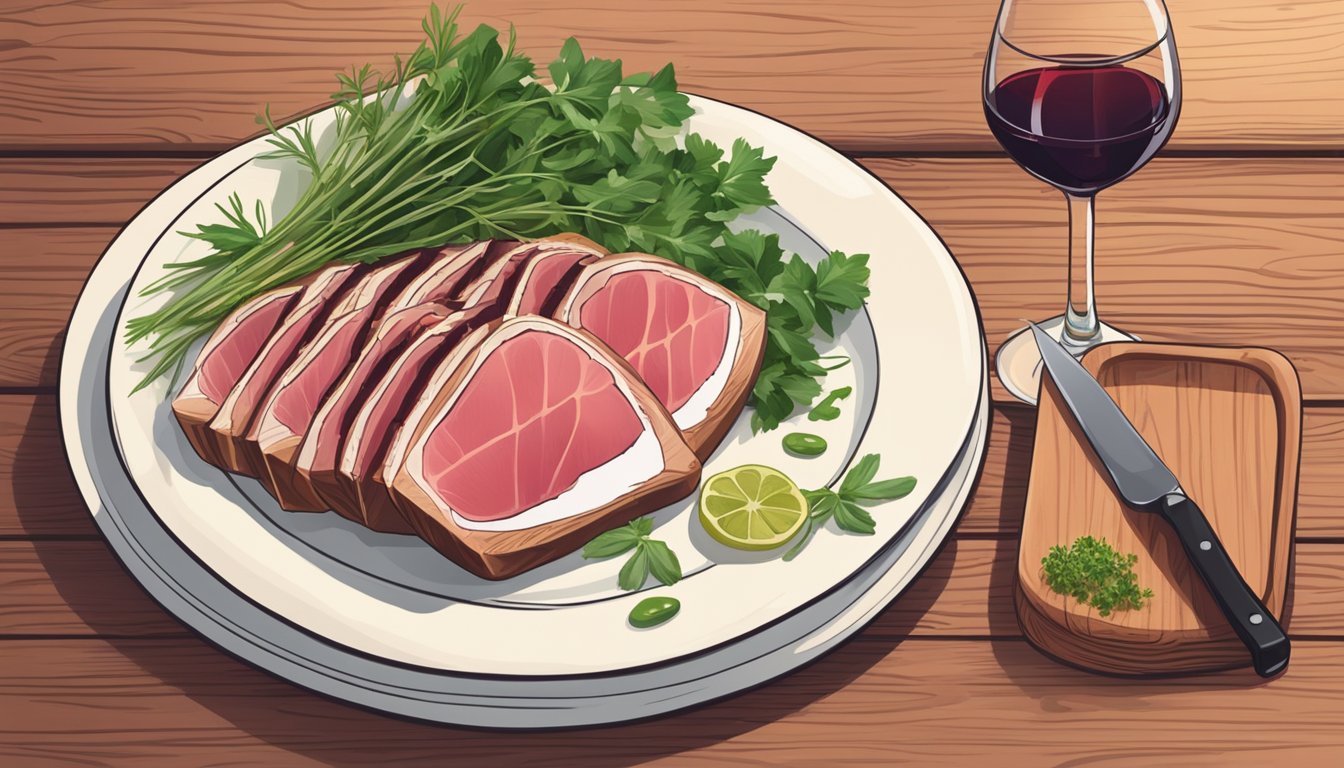 A bottle of red wine next to a plate of seared tuna and fresh herbs on a wooden table