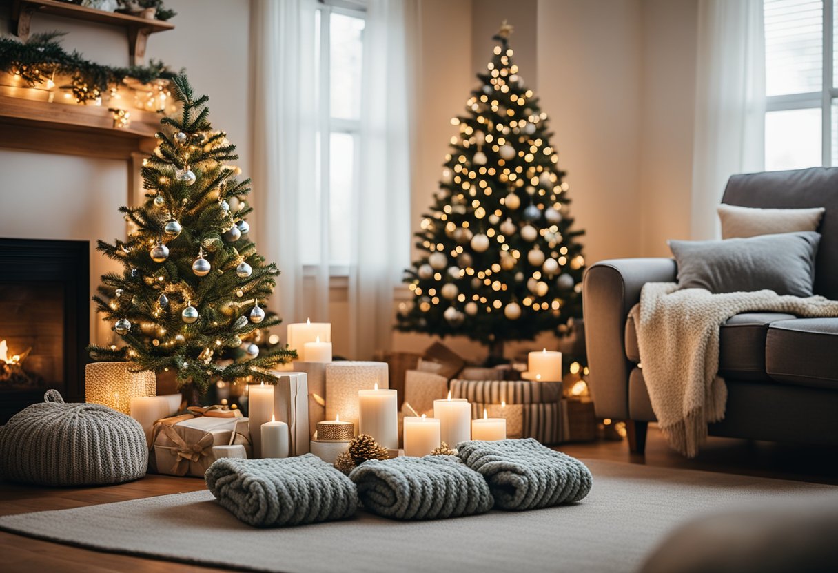 A cozy living room with a festive Christmas tree surrounded by multipurpose home essentials like cozy blankets, scented candles, and decorative storage baskets