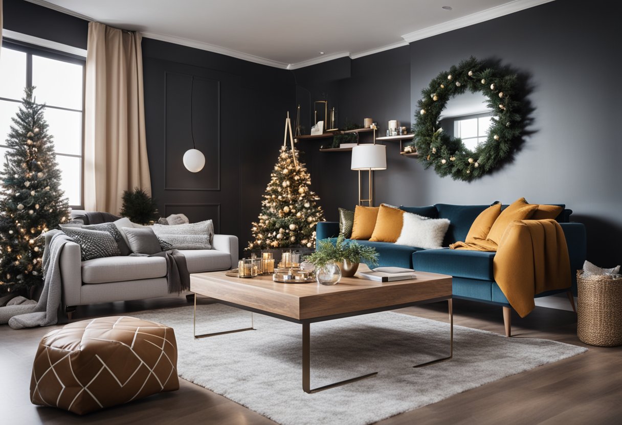 A modern living room with sleek, multifunctional decor pieces, adorned with festive Christmas accents