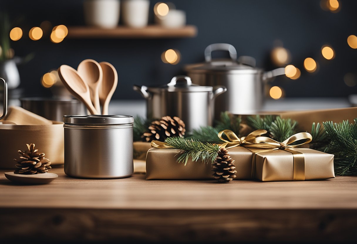 A festive kitchen scene with various cooking utensils, holiday-themed decor, and a beautifully wrapped gift box