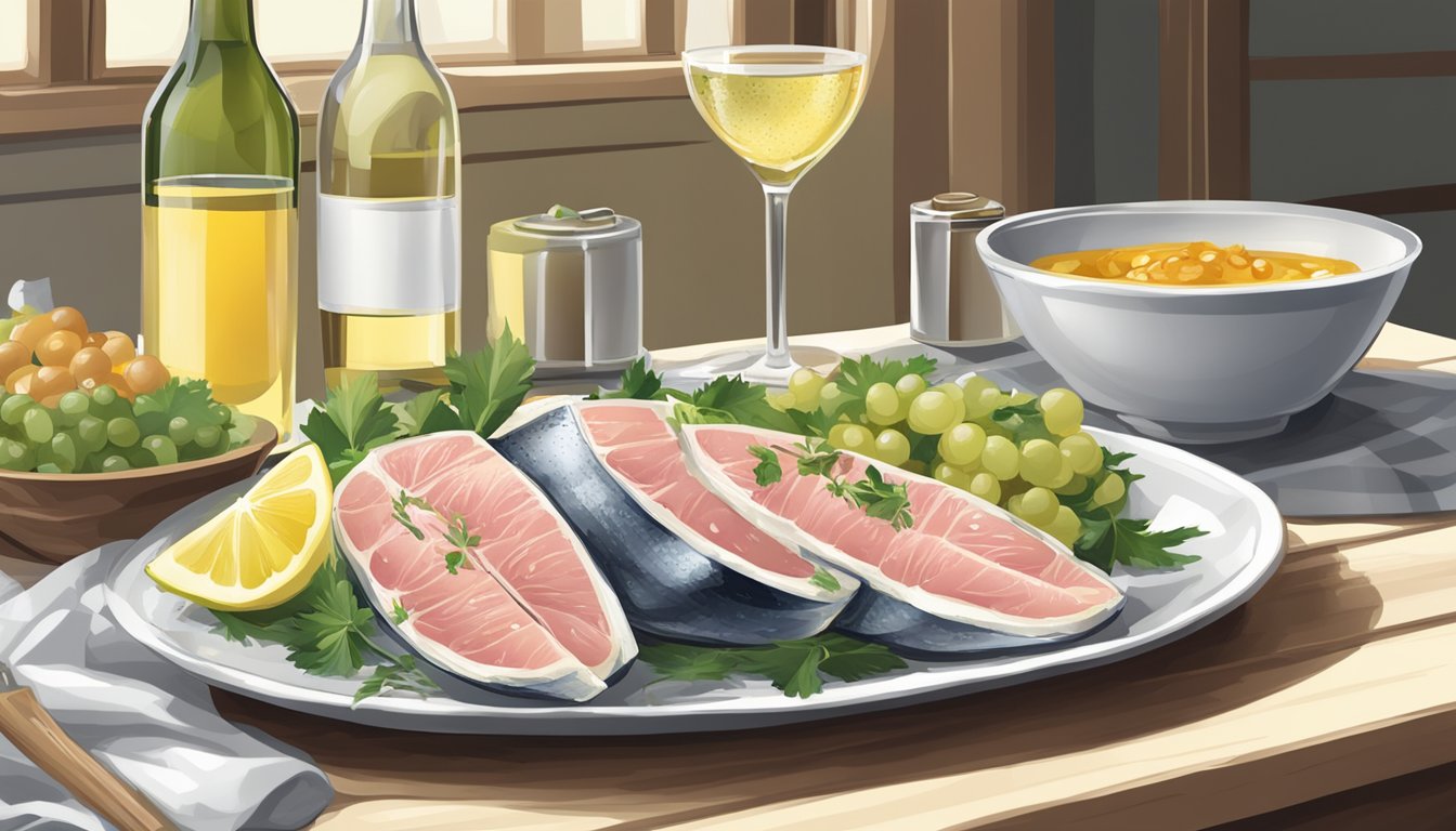 A bottle of white wine next to a plate of tuna and various condiments