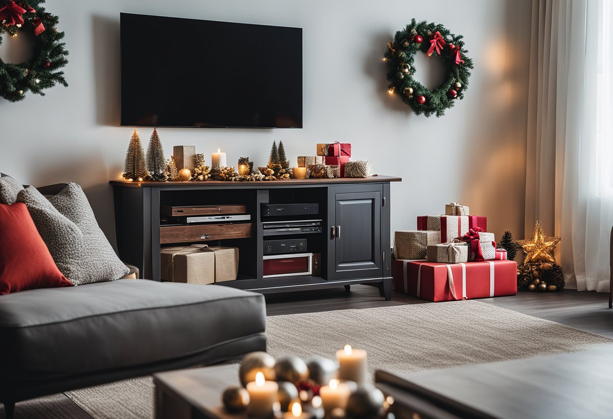 A cozy living room with a smart TV, gaming console, sound system, and smart home devices surrounded by festive Christmas decorations