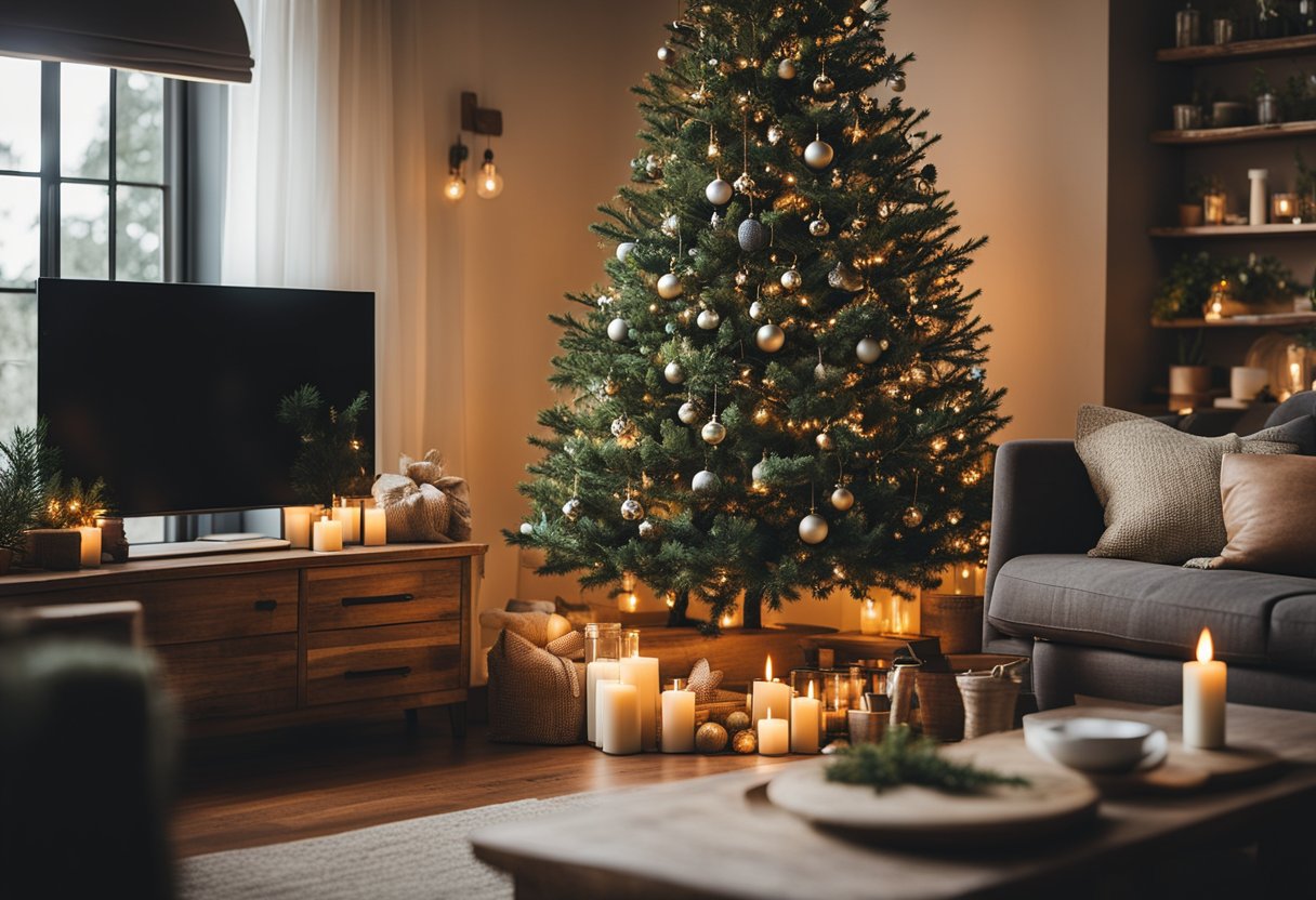 A cozy living room with a Christmas tree adorned with eco-friendly and sustainable home essentials like reusable kitchenware, organic candles, and potted plants