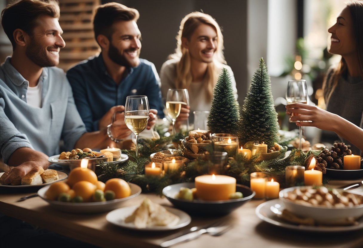 A festive holiday table with various household items and gifts, surrounded by people asking questions and engaging in conversation