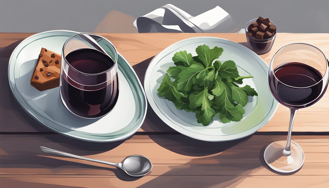 A glass of red wine next to a plate of bitter greens and dark chocolate