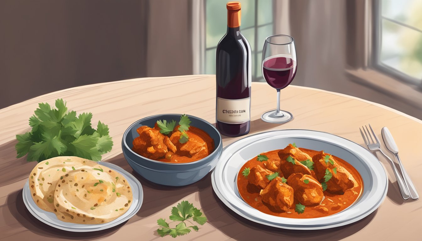 A bottle of red wine and a plate of chicken tikka masala on a table