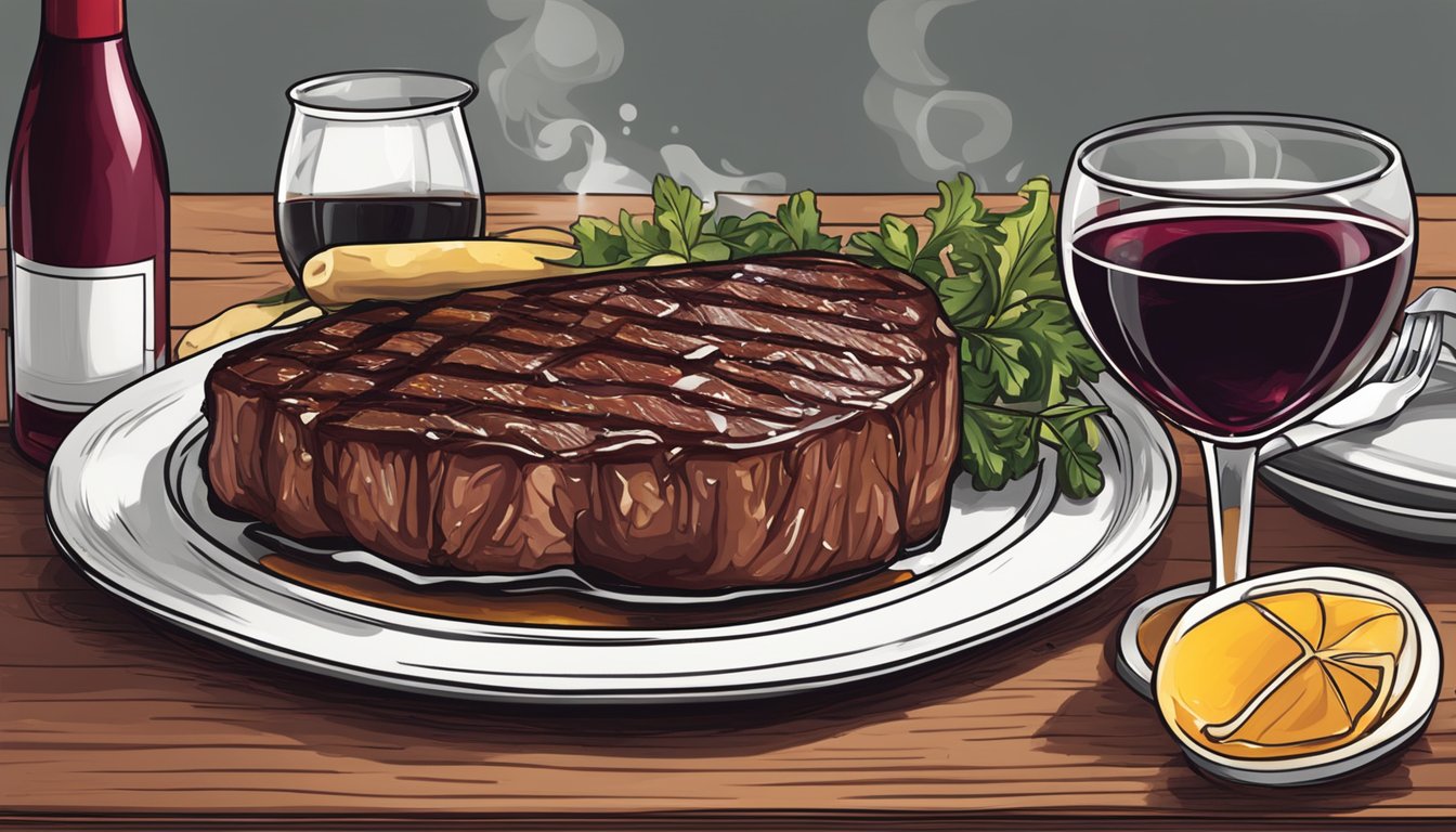 A juicy steak sizzling on the grill next to a bottle of rich red wine