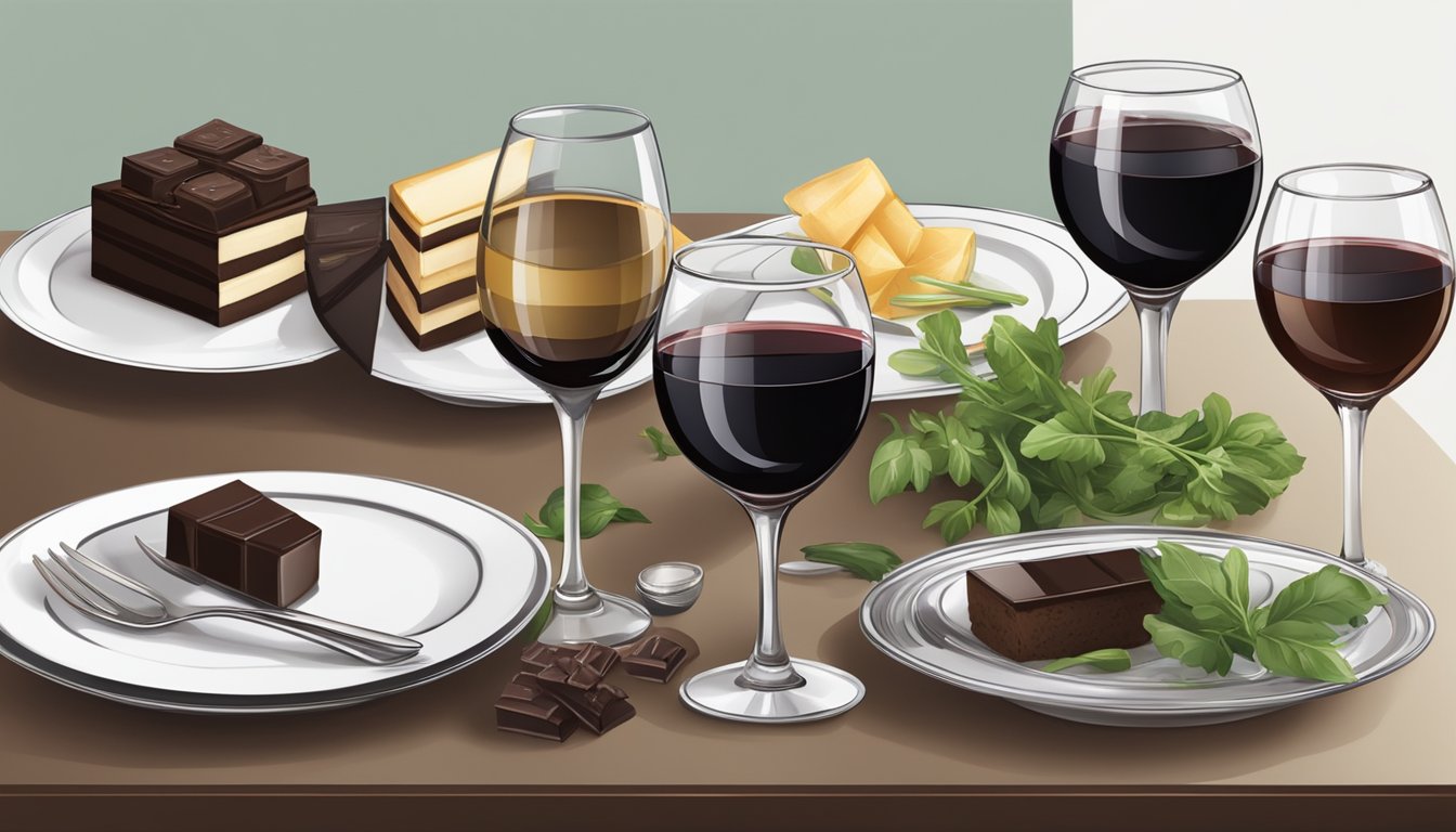 A table set with a variety of bitter foods like dark chocolate, arugula, and black coffee, alongside different types of wine in elegant glasses