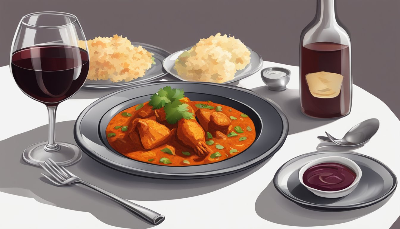 A table set with a steaming plate of chicken tikka masala alongside a bottle of robust red wine and a glass