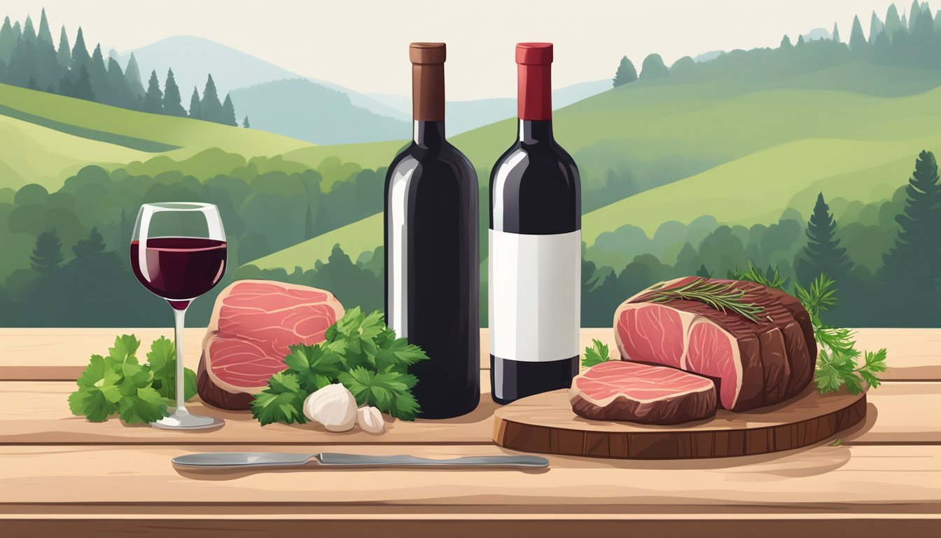 A bottle of red wine next to a juicy beef steak on a wooden table, surrounded by fresh herbs and a wine glass