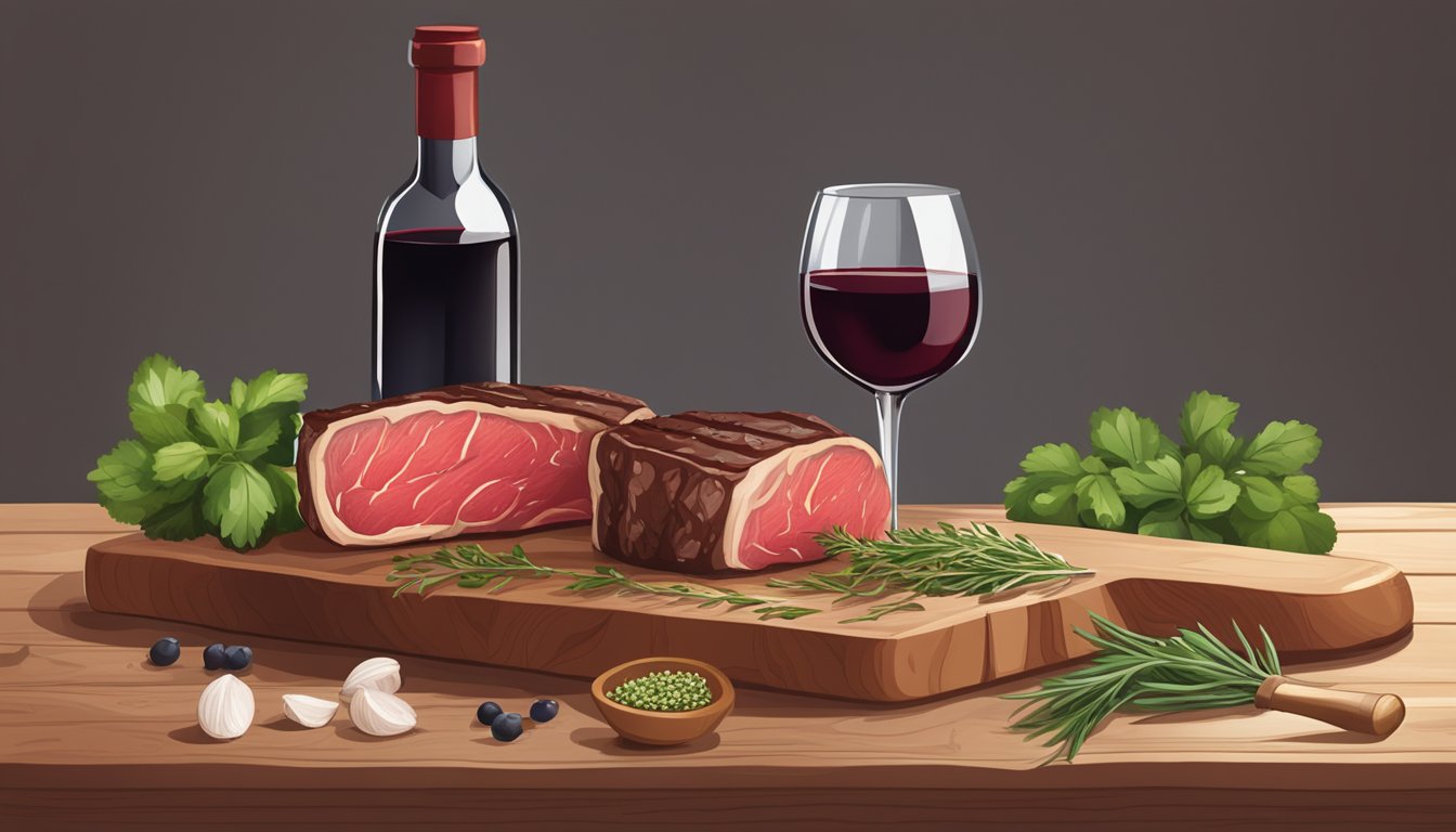 A juicy steak on a wooden cutting board, surrounded by a bottle of red wine, a wine glass, and a sprig of fresh herbs