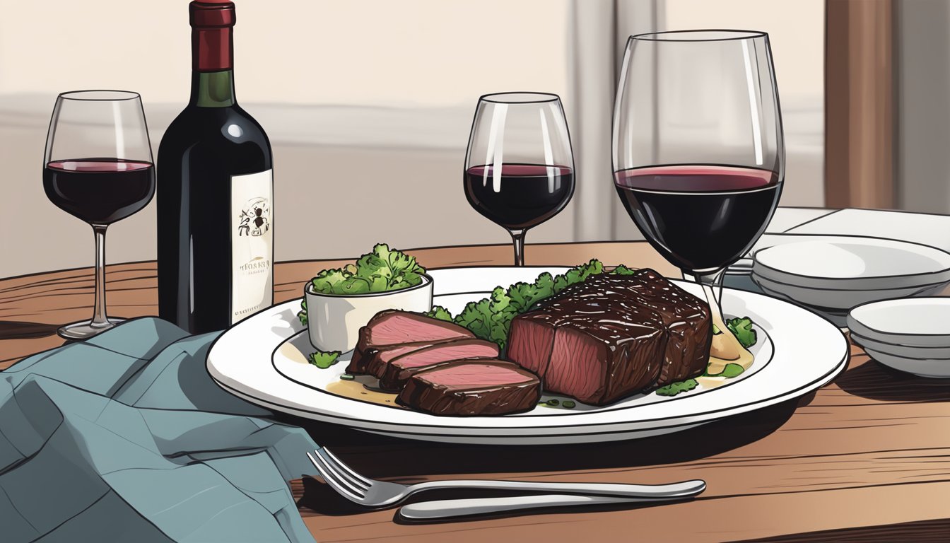 A bottle of red wine next to a plate of teriyaki beef, with a wine glass and a fork on the side