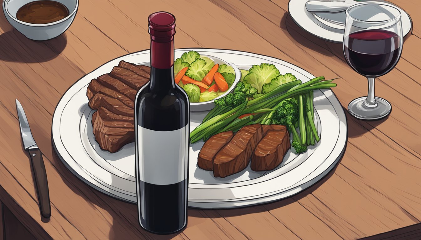 A bottle of red wine next to a plate of beef teriyaki and steamed vegetables on a wooden table