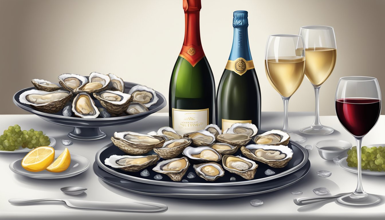 A table set with oysters on the half shell, accompanied by a bottle of champagne and a glass of red wine