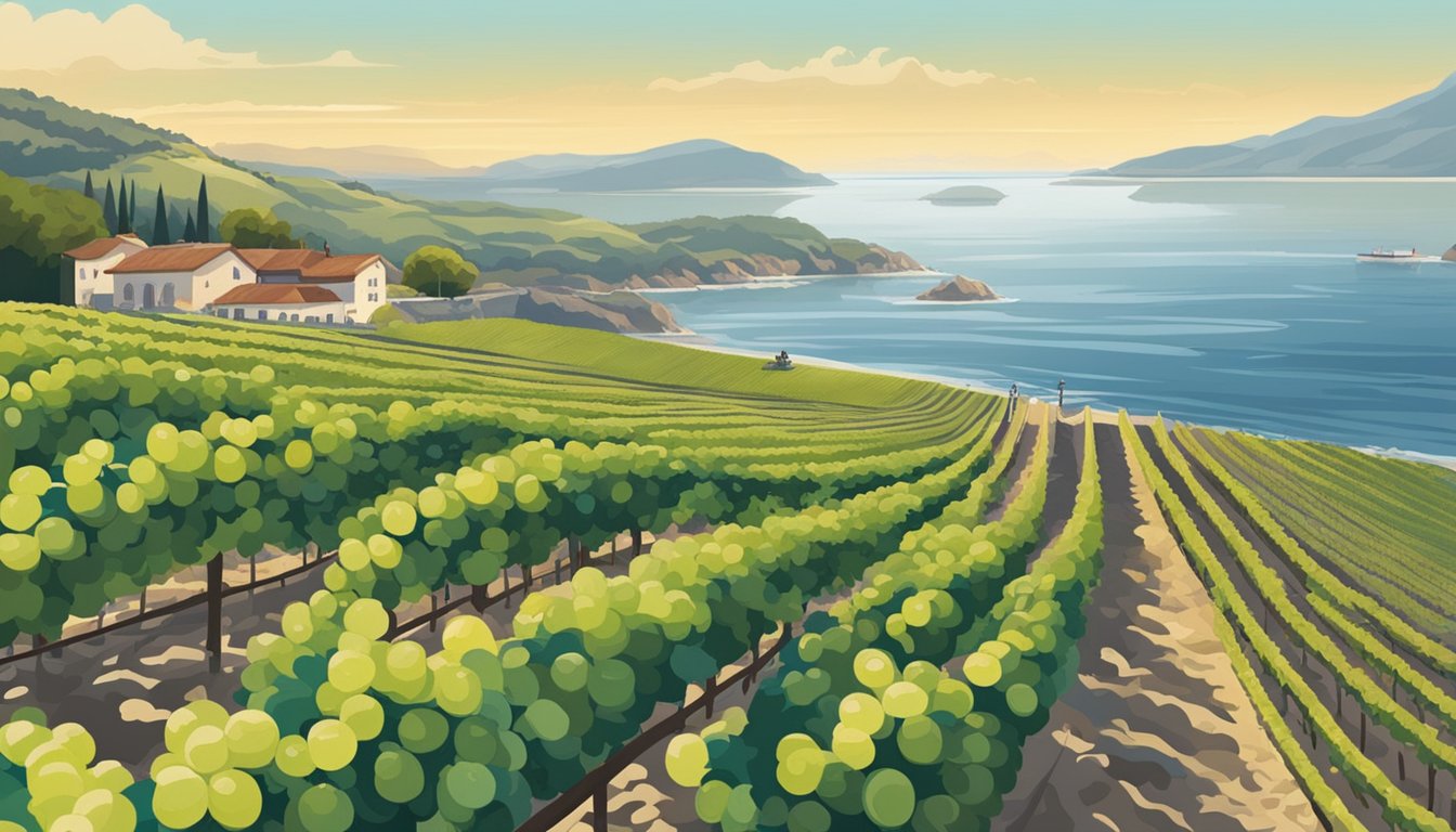 A coastal vineyard with rows of grapevines overlooking a rocky shore. A winery sits in the distance, while oysters are being harvested from the sea