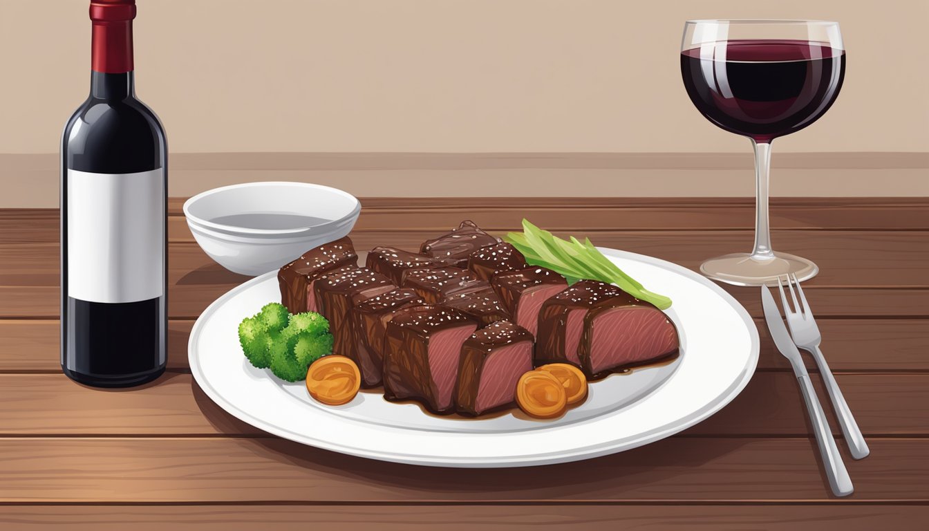 A bottle of red wine and a plate of beef teriyaki on a wooden table